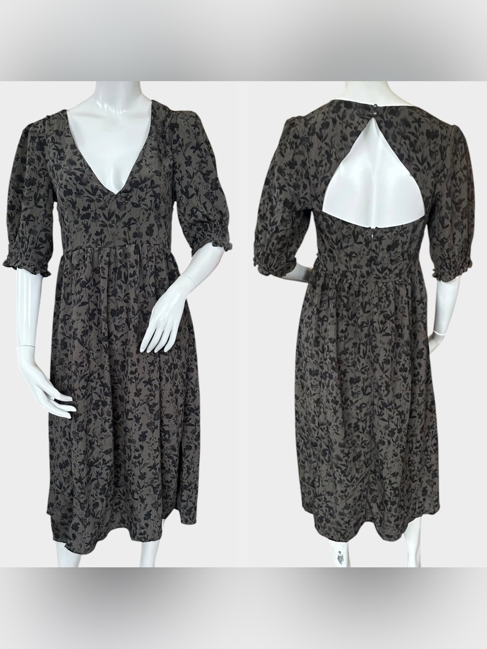 Disturbia Moss Green & Black Floral 3/4 Puff Sleeve Gothic Midi Dress Size US 4